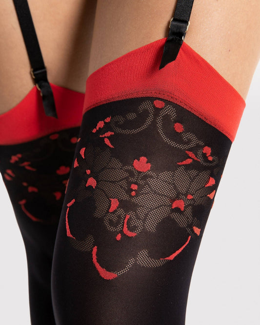 czarne kryjące wzorzyste pończochy do pasa 40 den z czerwonym wzorem