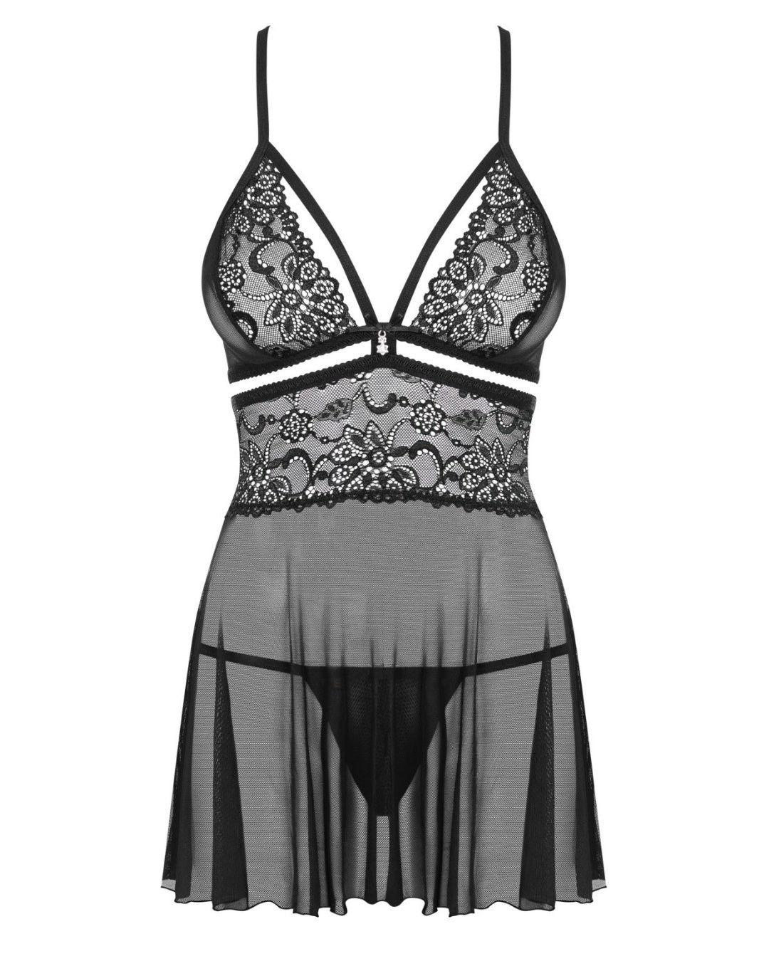 komplet czarnej bielizny nocnej koszulka babydoll i stringi