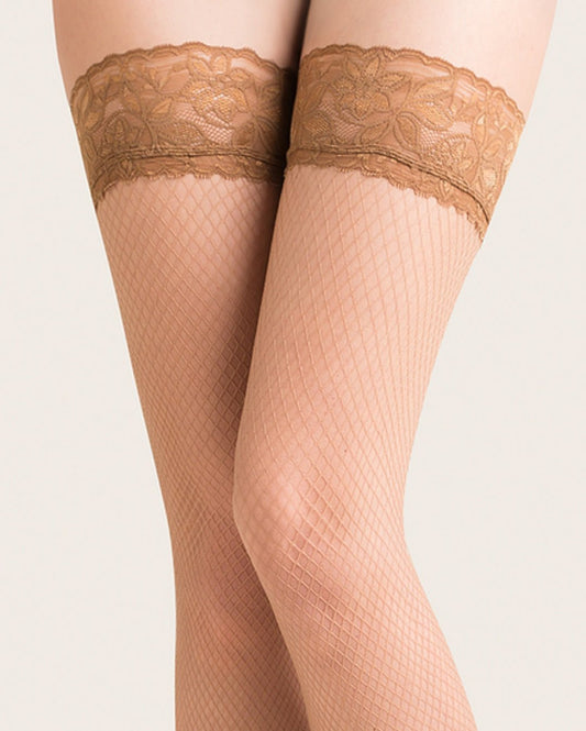 cieliste beżowe samonośne pończochy kabaretki z koronką