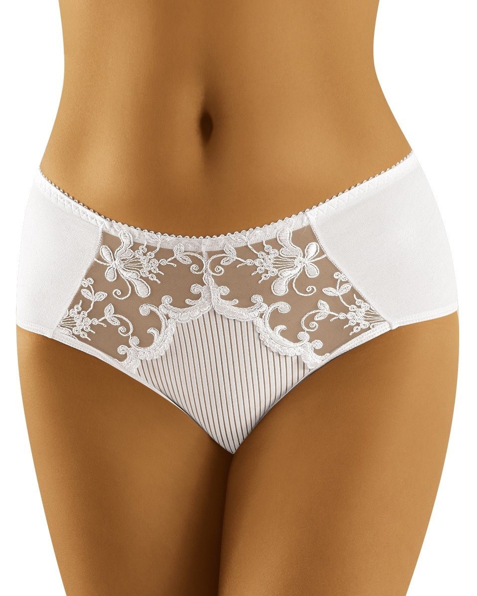 Białe bawełniane figi damskie z tiulowymi wstawkami klasyczny krój podwyższony stan Eco-CO Wol-Bar