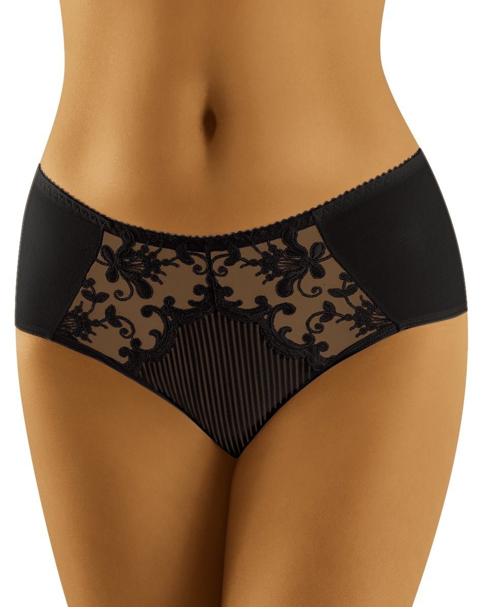 Czarne bawełniane figi damskie z tiulowymi wstawkami klasyczny krój podwyższony stan Eco-CO Wol-Bar