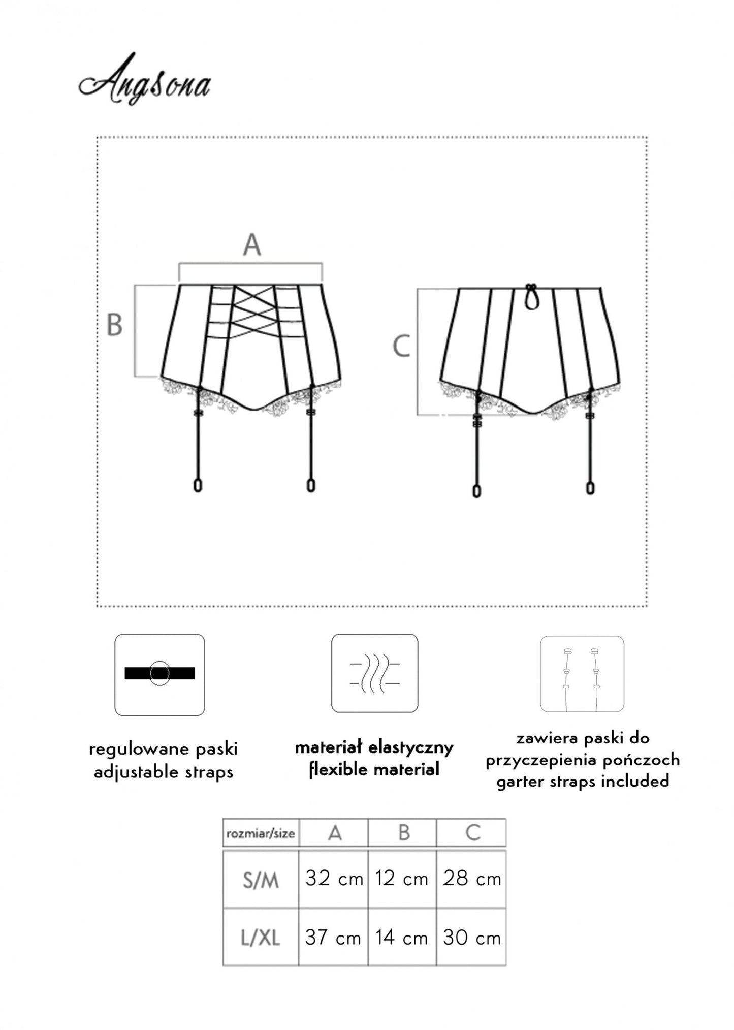 Czarne majtki typu panty z paskami do pończoch Angsona