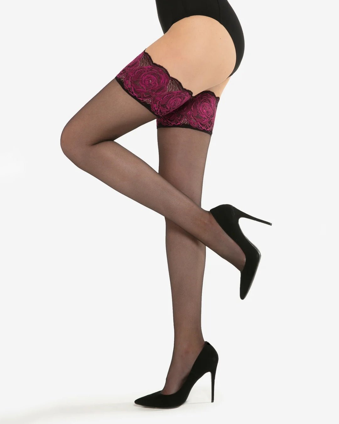 Czarne pończochy samonośne z ozdobną czerwoną różową szeroką koronką Gatta Calze Rose 15 DEN