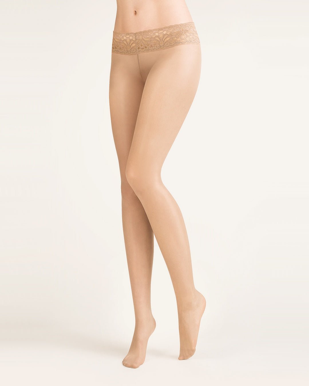 cieliste damskie rajstopy bezmajtkowe z ozdobną koronką w pasie