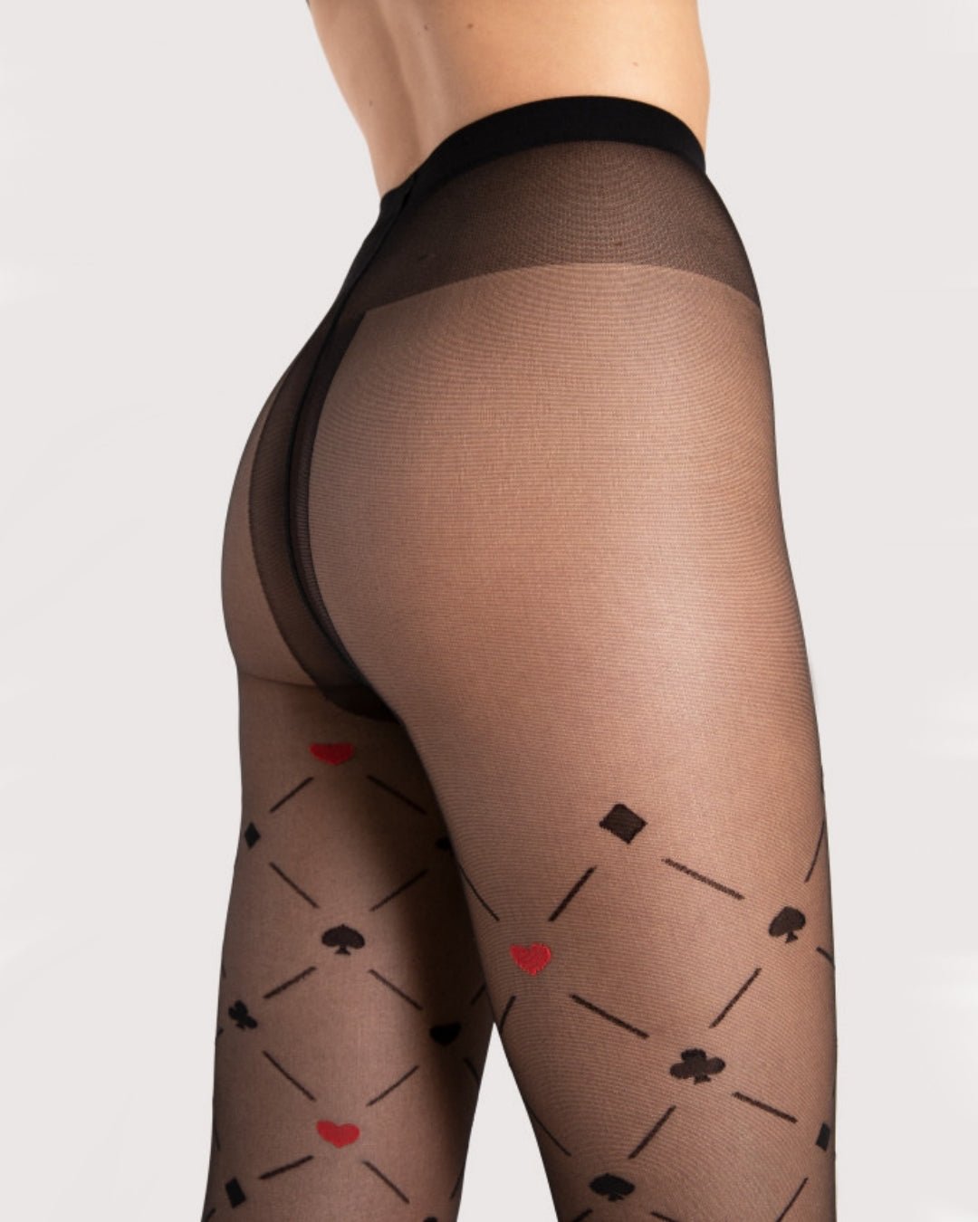 bezmajtkowe czarne damskie rajstopy t-band z wzorem kart do gry