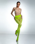 modelka prezentująca błyszczące neonowe damskie otwarte rajstopy z wycięciem w kroku i dziurką