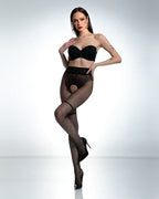 modelka prezentująca otwarte czarne damskie wzorzyste rajstopy z wycięciem w kroku typu strip panty imitujące zakolanówki