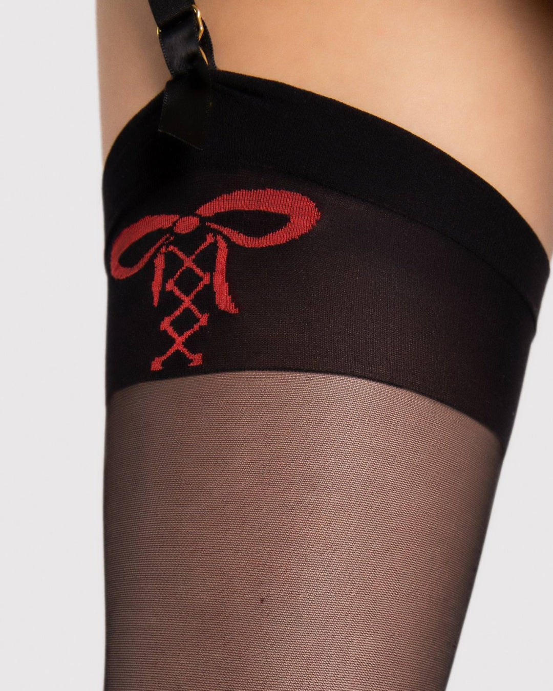 czarne pończochy do pasa 20 den z czerwnoym wzorem Fiore Incontra