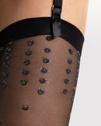 Czarne pończochy do pasa wzór błyszczące kropki Fiore Bruine 15 DEN