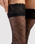 Czarne wzorzyste pończochy samonośne z koronką Fiore Enchante 20 DEN