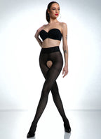 modelka ubrana w czarne otwarte damskie rajstopy z dziurą w kroku Nymph 30 DEN