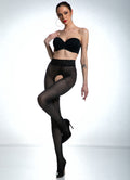modelka ubrana w czarne otwarte damskie rajstopy z dziurką o splocie kabaretki Nymph 30 DEN