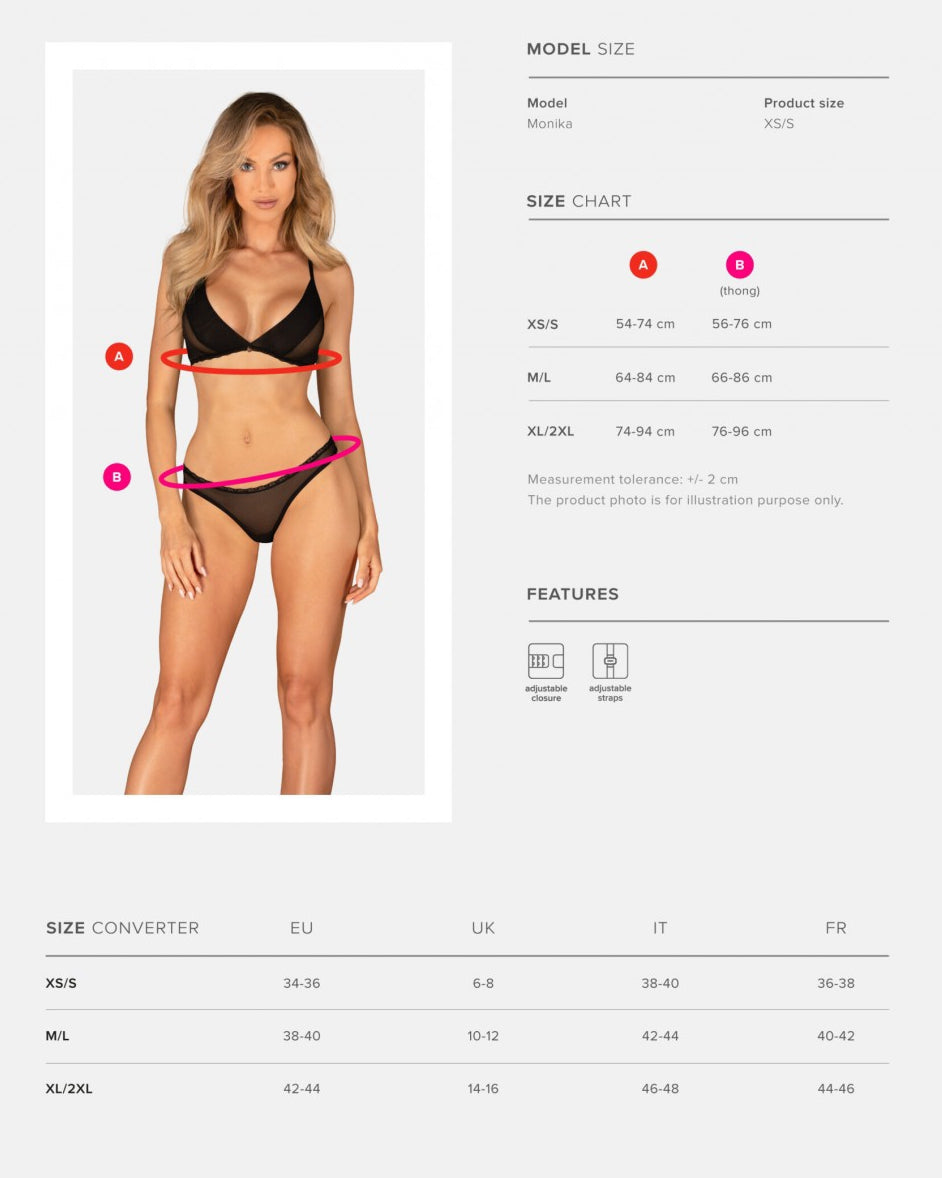 dwuczęściowy komplet czarnej bielizny damskiej biustonosz i stringi z przezroczystymi wstawkami Obsessive Latinesa tabela rozmiarów