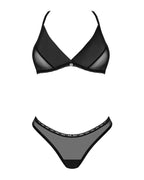 dwuczęściowy komplet czarnej bielizny damskiej biustonosz i stringi z przezroczystymi wstawkami Obsessive Latinesa przód