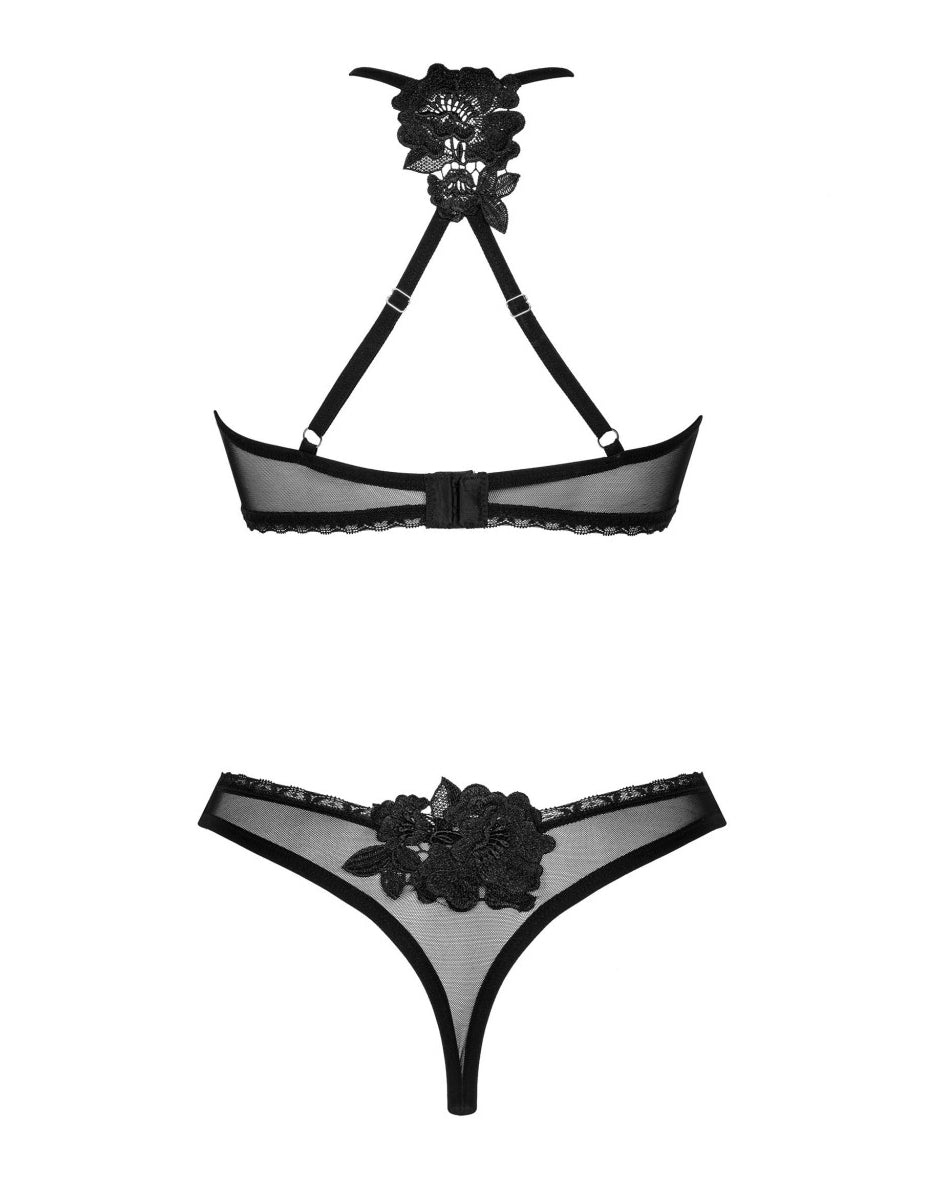 dwuczęściowy komplet czarnej bielizny damskiej biustonosz i stringi z przezroczystymi wstawkami Obsessive Latinesa tył