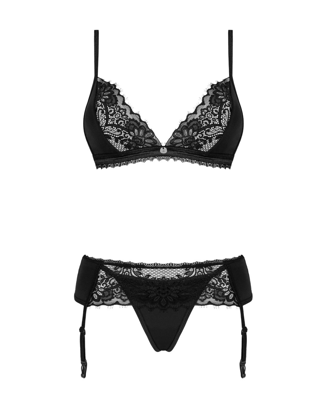3 częściowy komplet czarnej koronkowej bielizny damskiej z pasem do pończoch