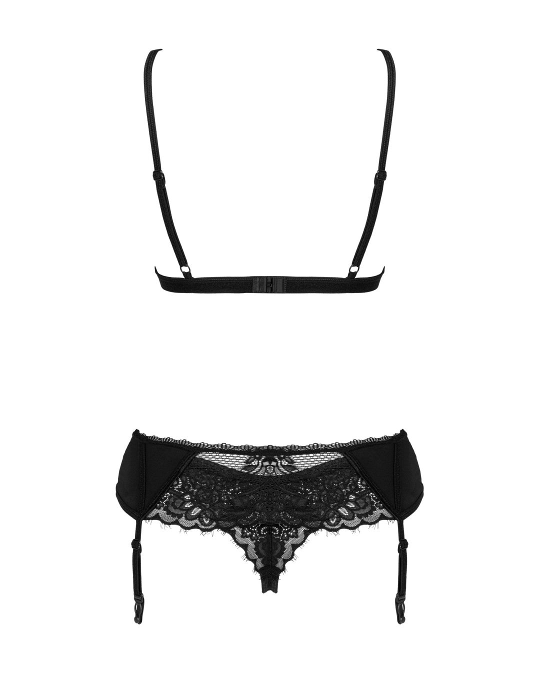 3 częściowy komplet czarnej koronkowej bielizny damskiej z pasem do pończoch