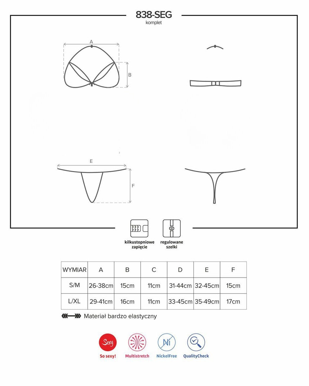 Dwuczęściowy komplet czarnej koronkowej bielizny Obsessive 838 tabela rozmiarów