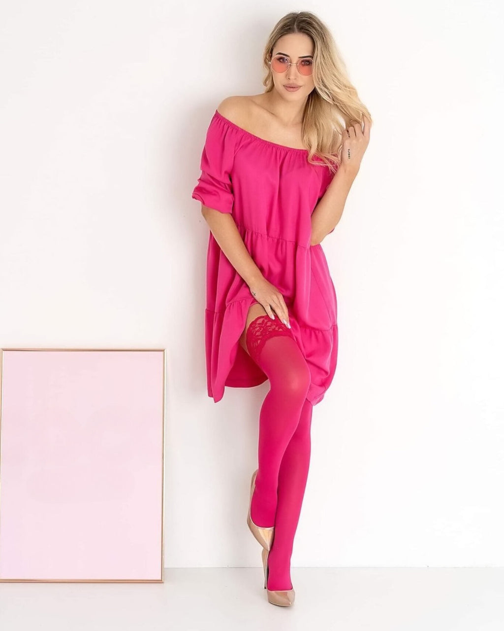 samonośne pończochy 60 den mikrofibra kolor neon fuksja