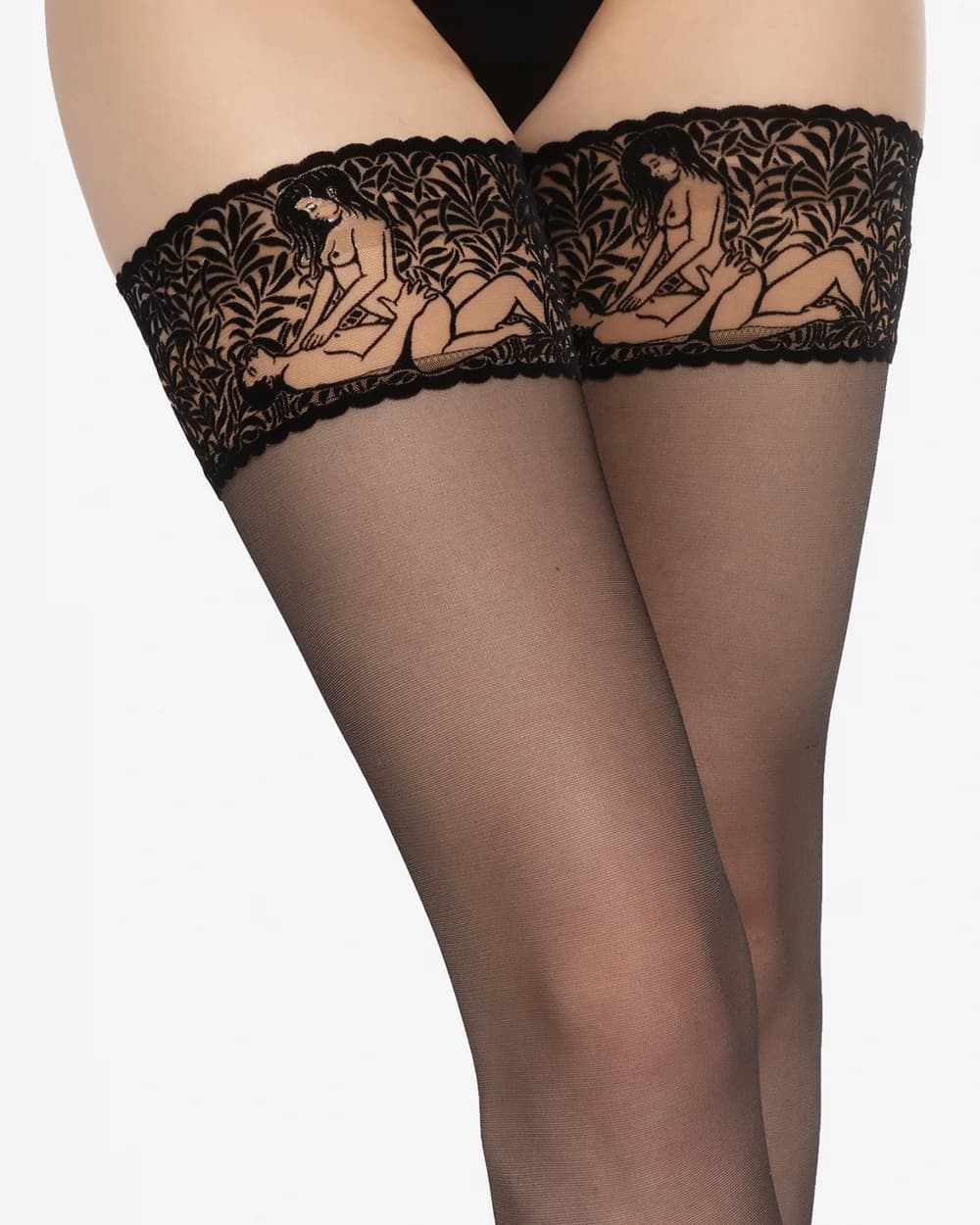 zmysłowy wzór w postaci pary w miłosnej pozycji na koronce samonośnych pończoch Gatta Ars Amandi wz.03