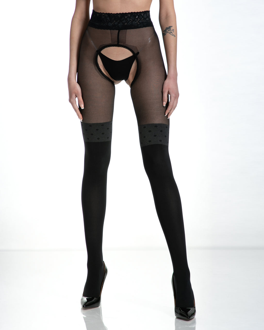 Damskie wzorzyste rajstopy z dziurą i wycięciem w kroku strip panty z koronkowym pasem imitujące zakolanówki