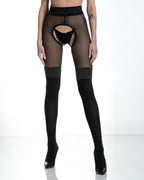 Damskie wzorzyste rajstopy z dziurą i wycięciem w kroku strip panty z koronkowym pasem imitujące zakolanówki