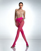 Modelka prezentująca rajstopy strip panty z dziurką w kroku i koronkowym pas z silikonem Hip Lace 30 DEN kolor neonowy róż