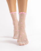 Białe damskie skarpetki rajstopowe różowy wzór w kwiatki bezuciskowy ściągacz z falbanką Fiore April 15 DEN