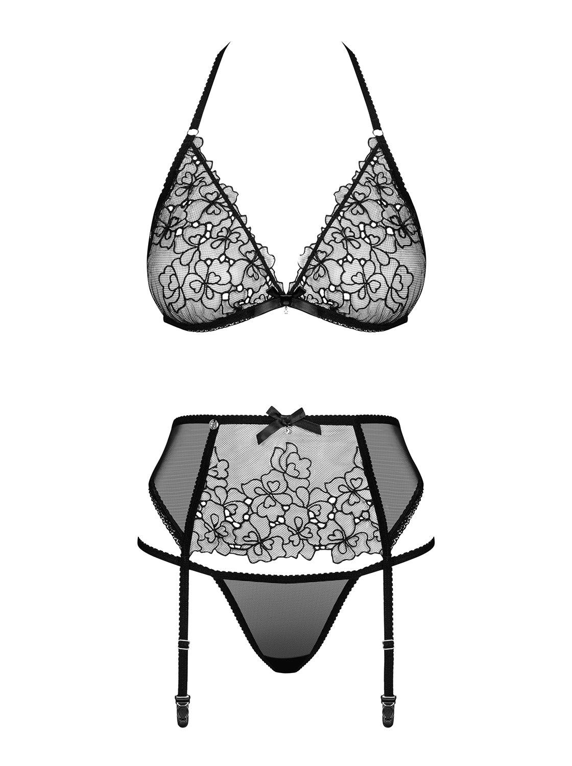 Komplet czarnej koronkowej bielizny z pasem do pończoch Uniquella