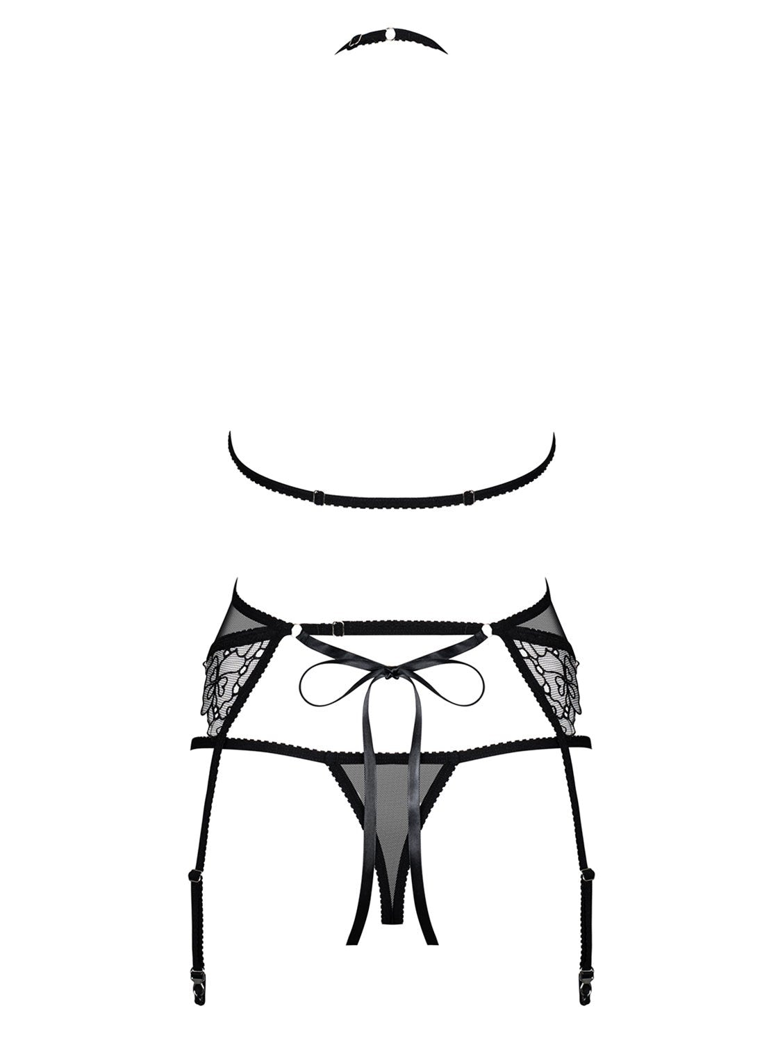 Komplet czarnej koronkowej bielizny z pasem do pończoch Uniquella