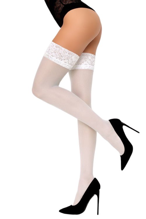 Białe pończochy samonośne z koronką 20 DEN