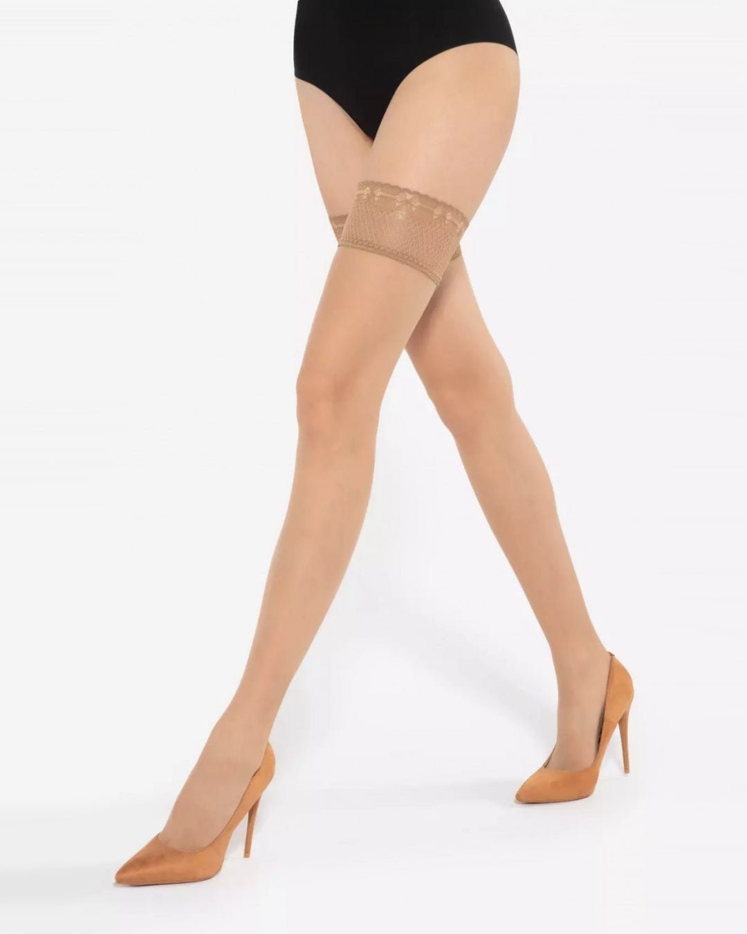 cienkie beżowe cieliste pończochy samonośne 8 den w odcieniu visone idealne na lato