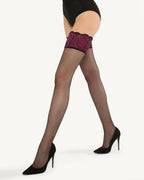 Czarne pończochy samonośne z ozdobną czerwoną koronką Gatta Calze Rose 15 DEN