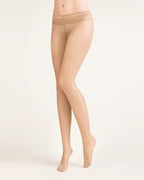 cieliste damskie rajstopy bezmajtkowe z ozdobną koronką w pasie