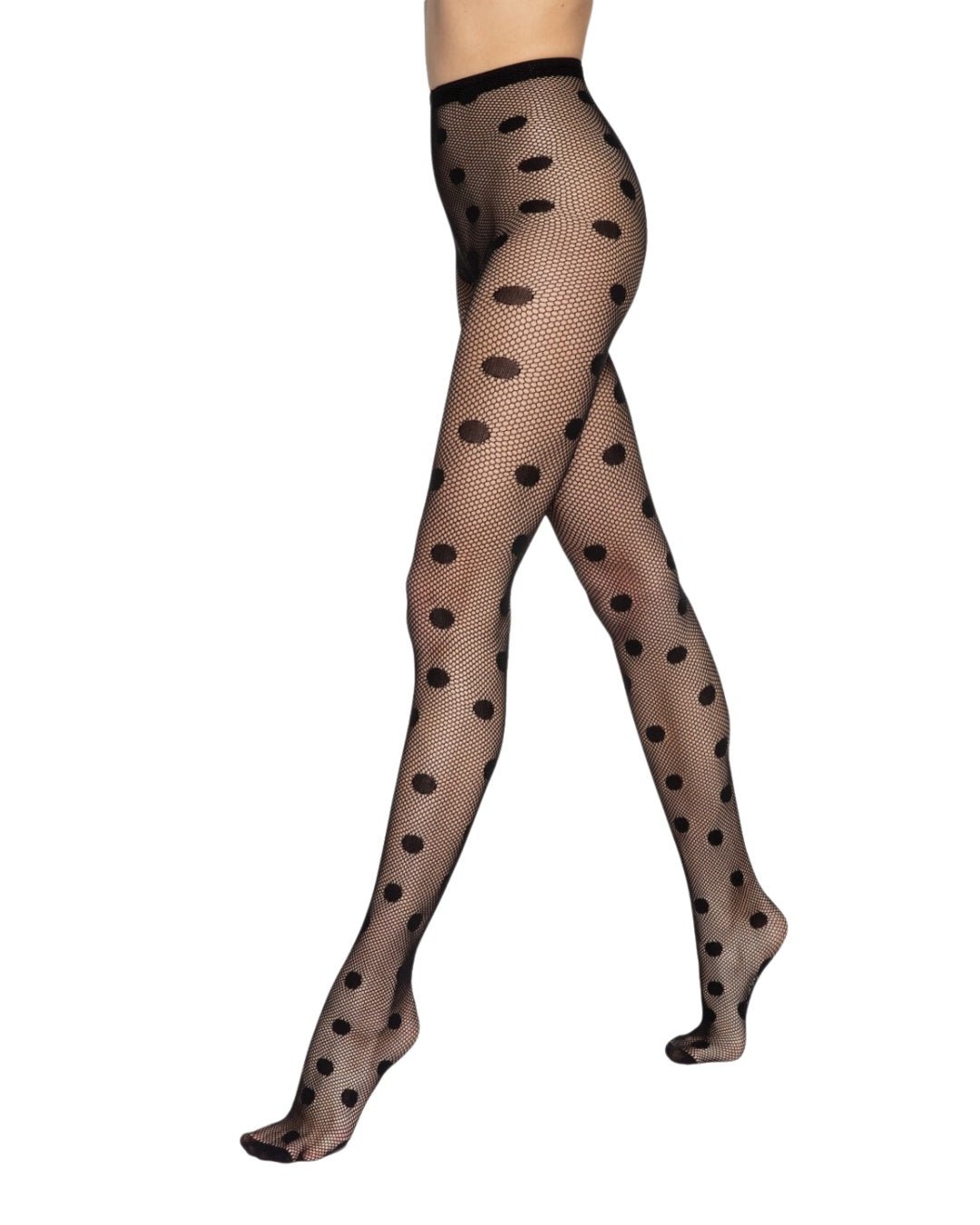 wzorzyste czarne rajstopy kabaretki w grochy